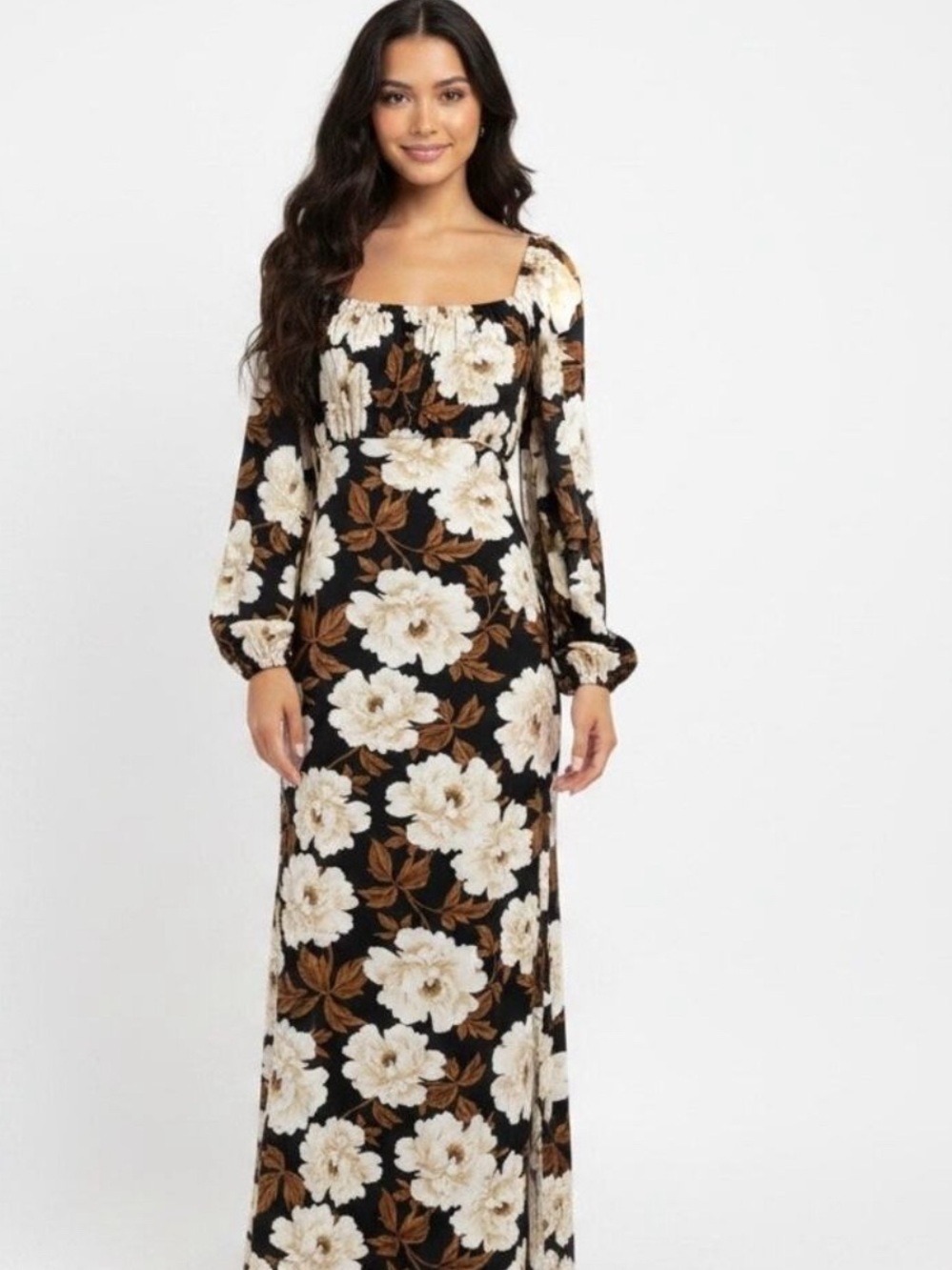 Old Navy Black Floral Square-Neck Midi Dress with Cream Blooms